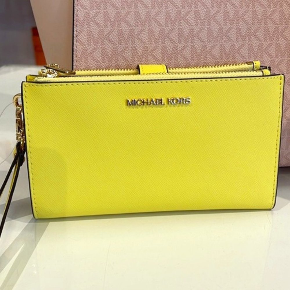 Michael Kors Jet Set Travel Large Double Zip Leather Wristlet Sunshine Yellow